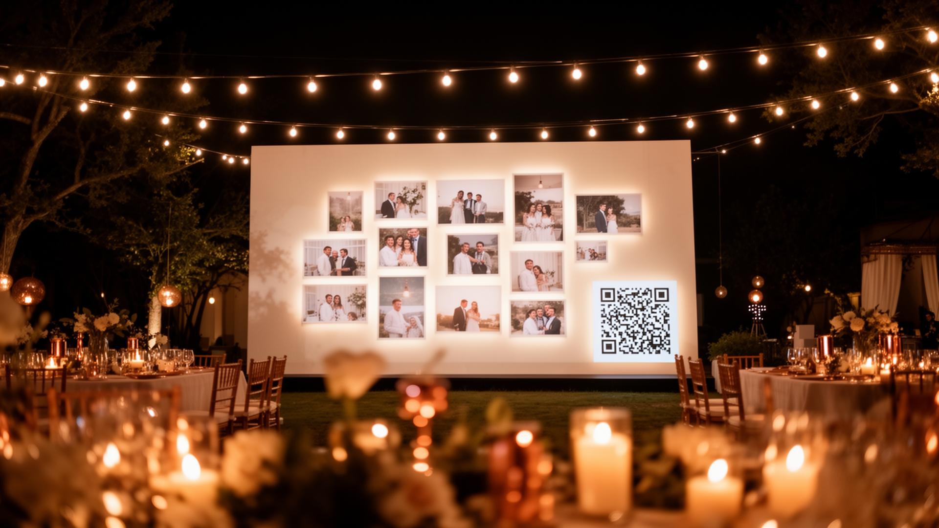 Outdoor evening wedding with a glowing live wall of photos and a QR code