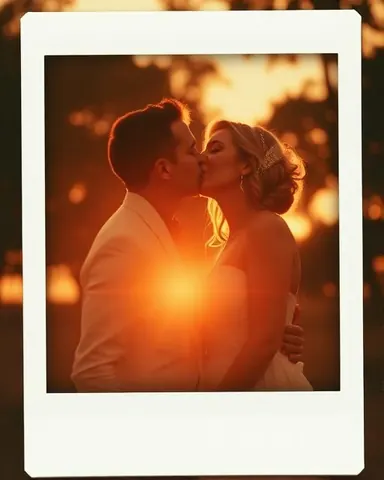 Wedding couple kissing at sunset